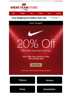 San Francisco 49ers - Last Day To Save 20% On Nike + Free Shipping!