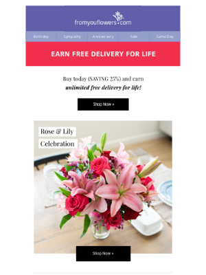 From You Flowers - Earn Free Delivery for Life with 25% Off Today's Purchase!