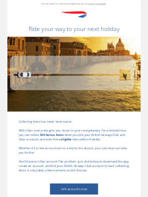 British Airways (United Kingdom) - Collect 500 bonus Avios when you ride with Uber