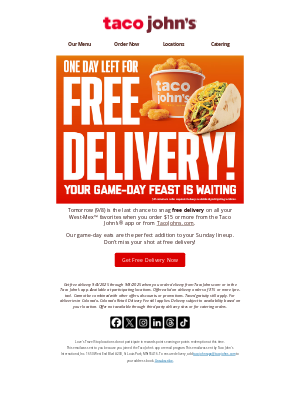 Taco John's - Free delivery ends tomorrow, 9/8!