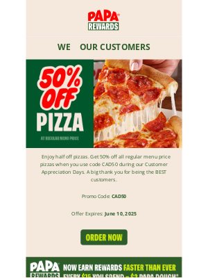 Papa John's - 50% off pizzas