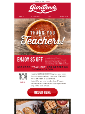 Giordano's Pizza - $5 off inside 🫶 Thank you Teachers!