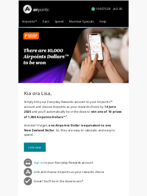 Air New Zealand - Lisa, you could win a share of 10,000 Airpoints Dollars