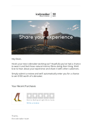 Icebreaker - Review your recent purchase and win