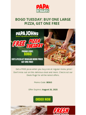 Papa John's - Buy one large pizza, get one free🍕