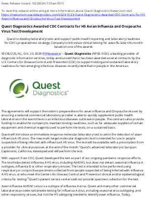 Quest Diagnostics - Quest Diagnostics Awarded CDC Contracts for H5 Avian Influenza and Oropouche Virus Test Development