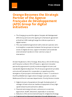 Orange - Orange Becomes the Strategic Partner of the Agence Française de Développement (AFD) Group for digital initiatives