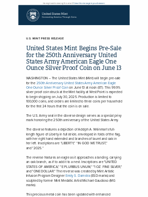 United States Mint - Pre-Sale for 250th Anniversary US Army American Eagle One Ounce Silver Proof Coin Begins June 13