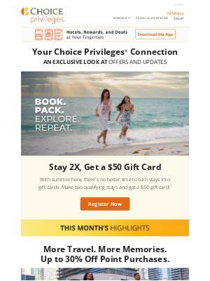 Choice Hotels - Account Summary: Stay 2X, Get a $50 Gift Card