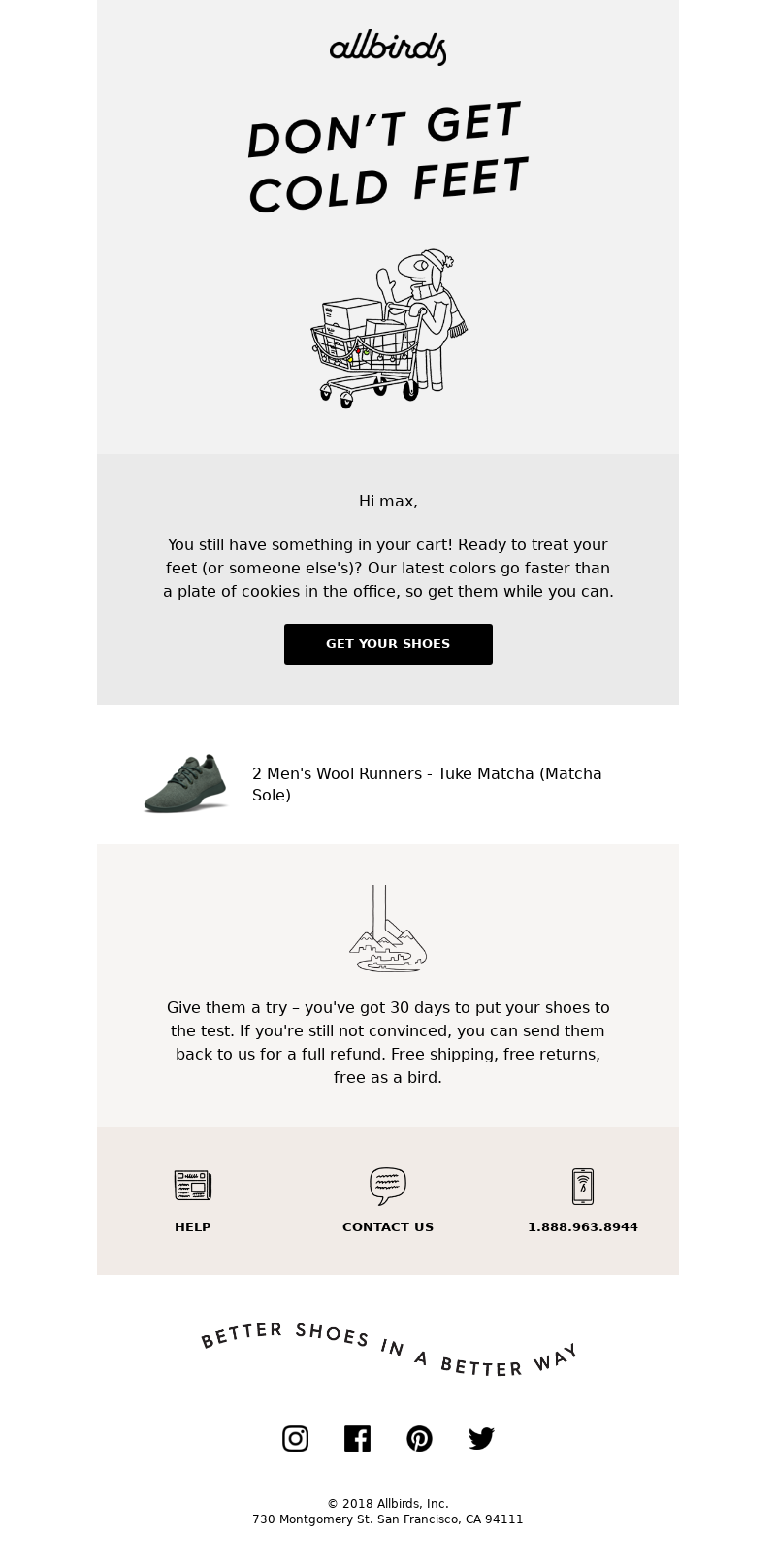 Abandoned cart email from Allbirds
