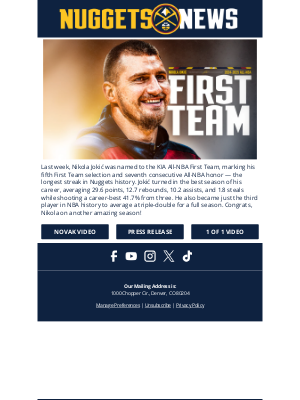 Denver Nuggets - Nikola Jokić Named First-Team All-NBA