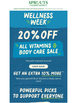 Sprouts Farmers Market, Inc. - 💙 20% off vitamins & body care during Wellness Week!