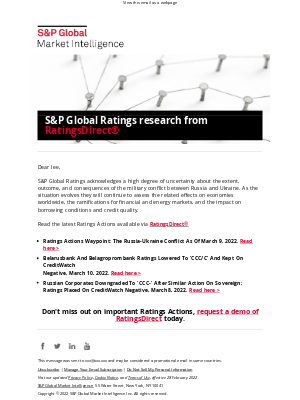 S&P Global - [RatingsDirect] Ratings Actions Waypoint: The Russia-Ukraine Conflict