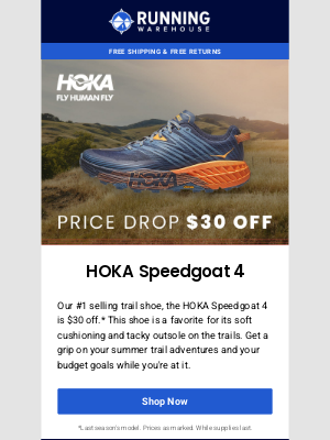 Running Warehouse - $30 off HOKA Speedgoat 4 - Price Drop!