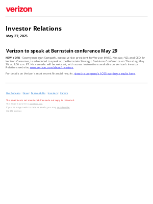 Verizon - Verizon to speak at Bernstein conference May 29