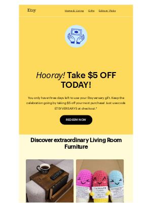 Etsy - REMINDER: You've got $5 off!