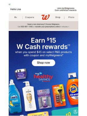 Walgreens - Get $15 W Cash rewards When You Stock Up on P&G Essentials!