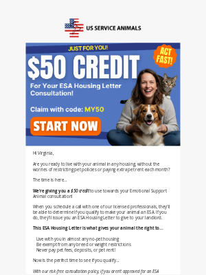 US Service Animals - You Have a $50 Credit 💌