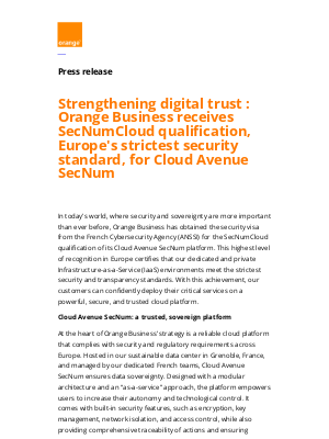 Orange - Strengthening digital trust : Orange Business receives SecNumCloud qualification, Europe's strictest security standard, for Cloud Avenue SecNum