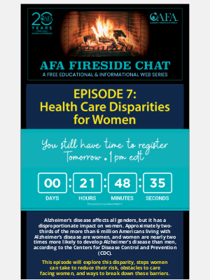 Alzheimer's Foundation of America - Tomorrow, July 22: AFA’s Fireside Chat, “Health Care Disparities for Women”