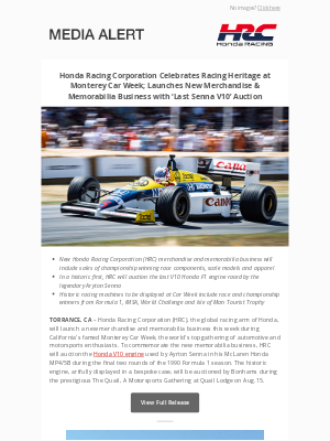Honda - Honda Racing Corporation Celebrates Racing Heritage at Monterey Car Week; Launches New Merchandise & Memorabilia Business with ‘Last Senna V10’ Auction