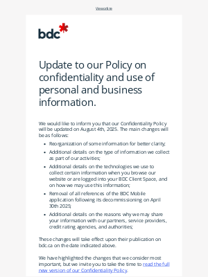 BDC (Canada) - Update to Our Confidentiality Policy