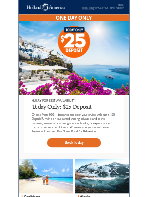 Holland America Line - Today Only: $25 Deposit on over 800 cruises