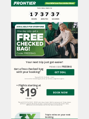Frontier Airlines - TODAY ONLY: Get a FREE checked bag with your next booking + last chance for $19 fares!