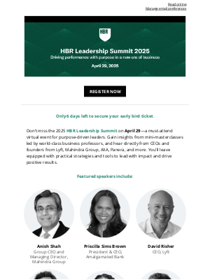 Harvard Business Review - Reminder: HBR Leadership Summit early bird pricing ends next week