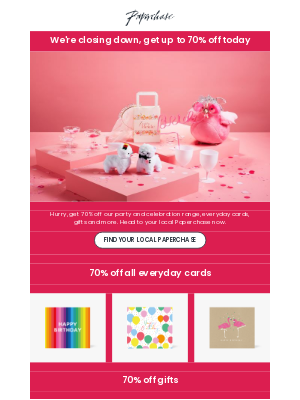 70% off celebration, gifts, cards and more 🎈🎉🥳