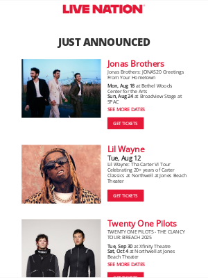Live Nation - Your Upcoming Concert Lineup: Jonas Brothers, Lil Wayne, Twenty One Pilots