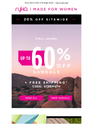 RYKA - LAST DAY! 20% off sitewide, Up to 60% off sandals + Free shipping