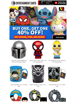 Entertainment Earth - BOGO Time! 🕑 Buy One, Get One 40% Off Cups, Lanyards, Foam Key Chains, and Piggybanks from Monogram!