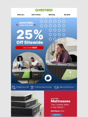 GhostBed - Labor Day Blowout ---- 25% off everything!