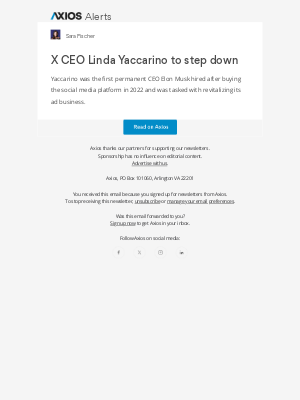 Axios - Axios Alerts: Linda Yaccarino steps down as CEO of X
