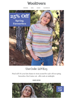 WoolOvers (United Kingdom) - Final Hours | 25% Off Spring Favourites Ends Tonight