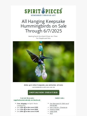 Beyond the Urn - Flash Sale on Hanging Memorial Hummingbirds from Spirit Pieces