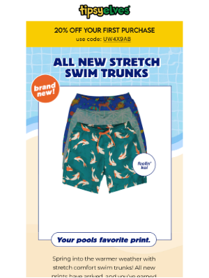 Tipsy Elves - spring into warmer days in stretch swim trunks! ☀️