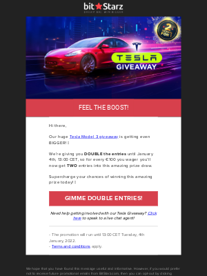 BitStarz Casino - LIMITED TIME: 2 for 1 Tesla giveaway entries! 🤩