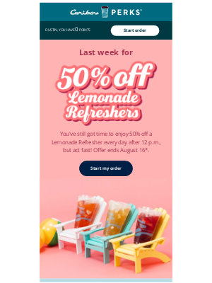 Caribou Coffee - Last week for 50% off a Lemonade Refresher after 12 p.m.!