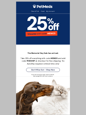 1800PetMeds - 🇺🇸 Double Savings! 25% OFF + FREE Shipping This Memorial Day!