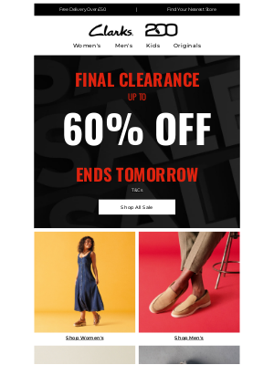Clarks Shoes (United Kingdom) - ENDS tomorrow! Up to 60% off