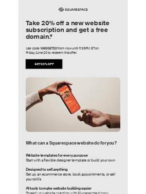 Squarespace - Get 20% off your website and a free domain
