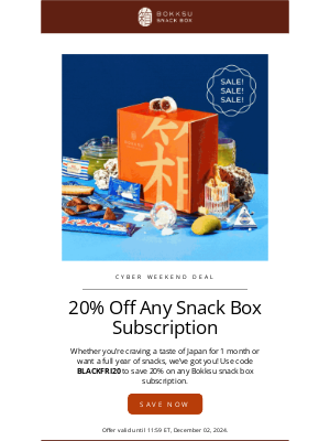 Bokksu - Ultimate Black Friday Savings! 20% off ANY Snack Box!