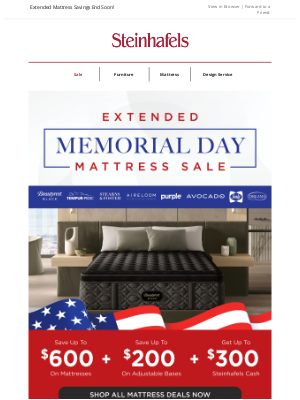 Steinhafels - Save up to $600 on Mattresses & MORE 🔥