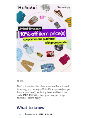 Mercari - Don't miss flash deals: 10% off item price(s)* for one purchase