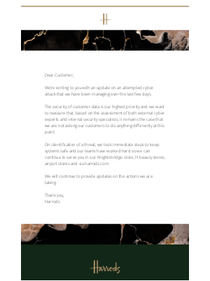 Harrods (United Kingdom) - Update on attempted cyber attack