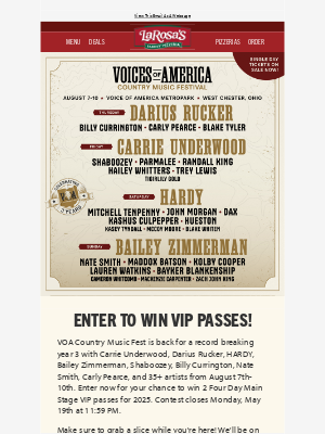 LaRosa’s Pizzeria - Enter to Win VIP Passes to the Voices of America Country Music Fest!