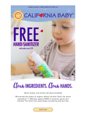 California Baby - FREE hand sanitizer! Spray away common germs and bacteria!