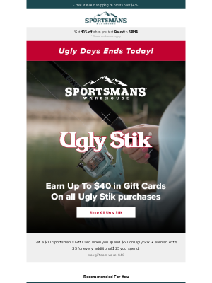 Sportsman’s Warehouse - Ends Today - Earn Up to $40 in Gift Cards on All Ugly Stik Purchases!